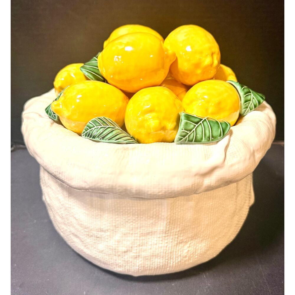 Italian majolica ceramic centerpiece featuring realistic basket of lemons 13”x9”